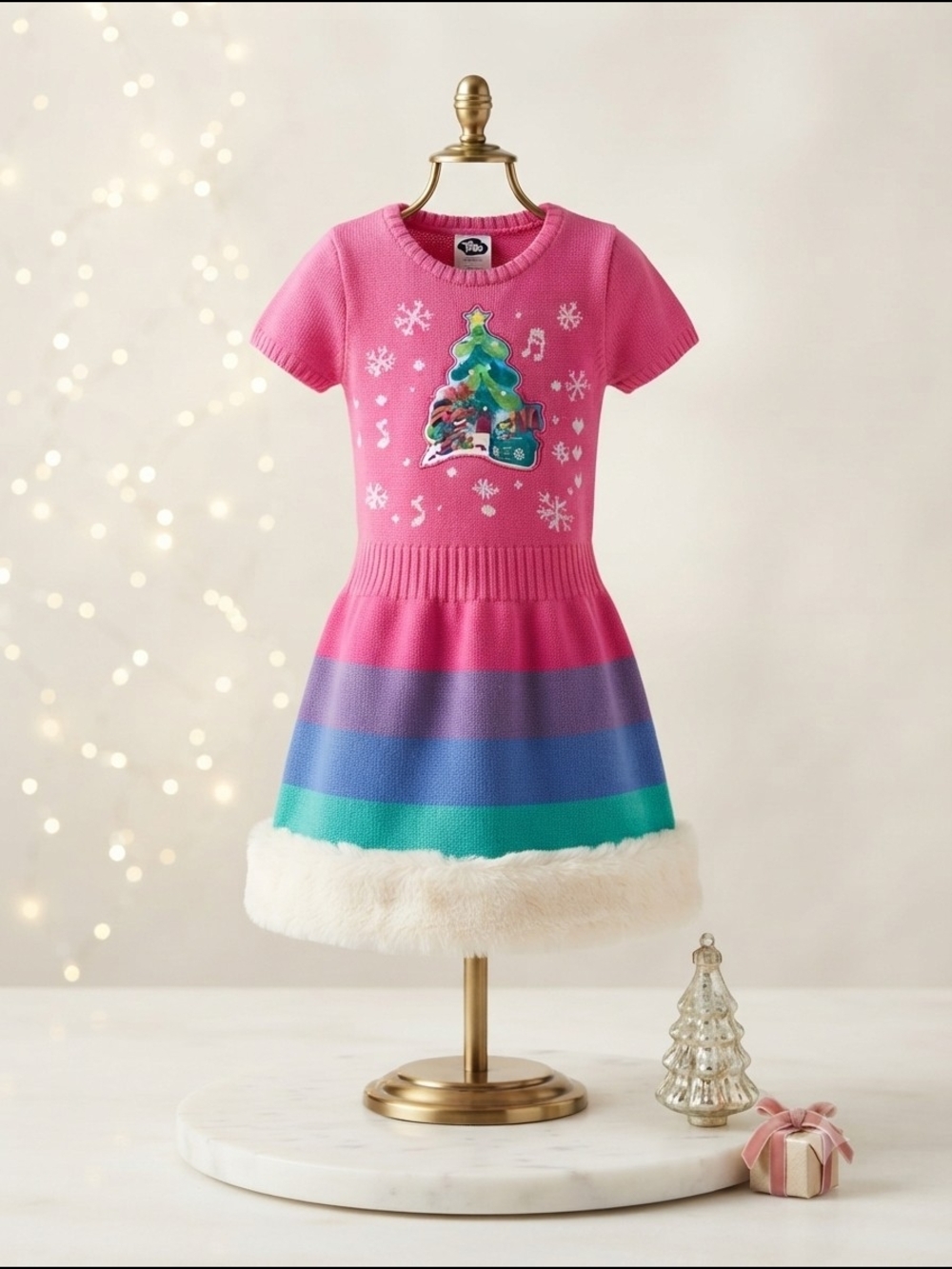 Dreamworks Pink Striped Knit Dress with Faux-Fur Hem